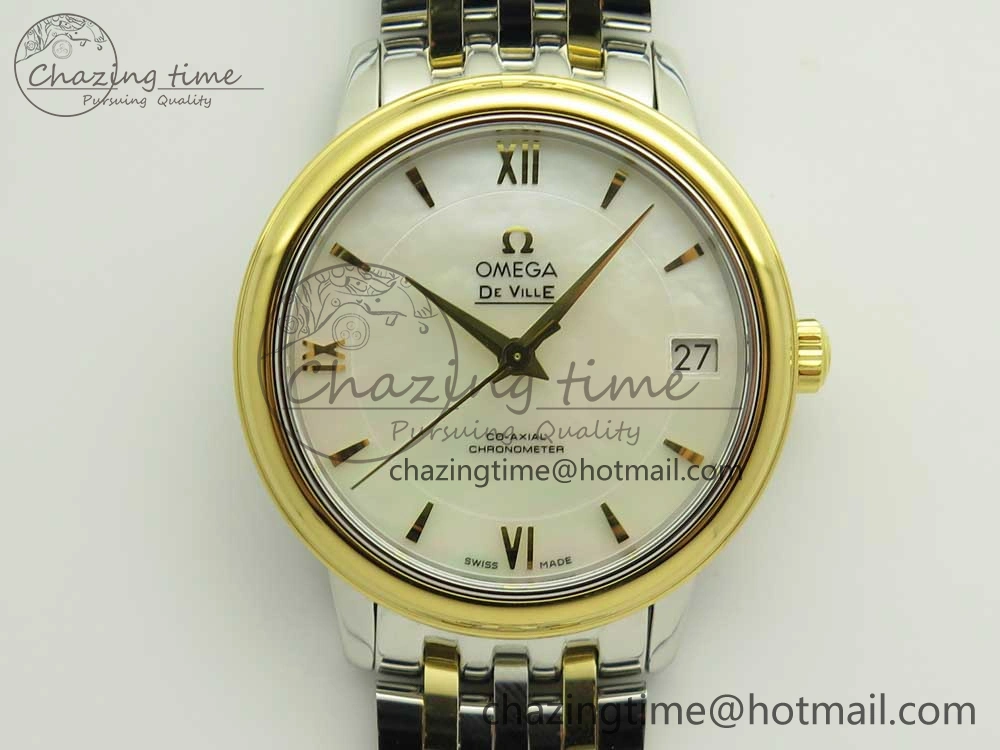 De Ville Prestige Ladies 32.7mm SS MKF 1:1 Best Edition White MOP Dial Diamonds Markers on SS YG Bracelet MIYOTA 9015