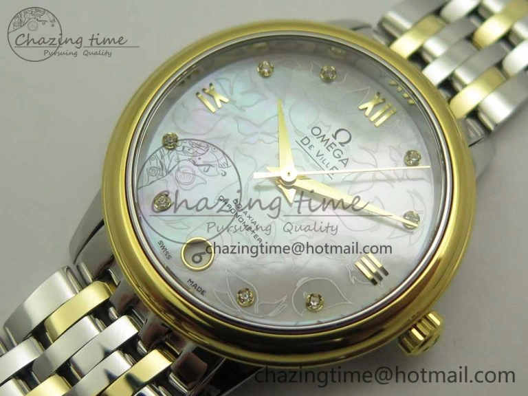 De Ville Prestige Ladies 32.7mm SS MKF 1:1 Best Edition White MOP Dial Roman Markers on SS YG Bracelet MIYOTA 9015