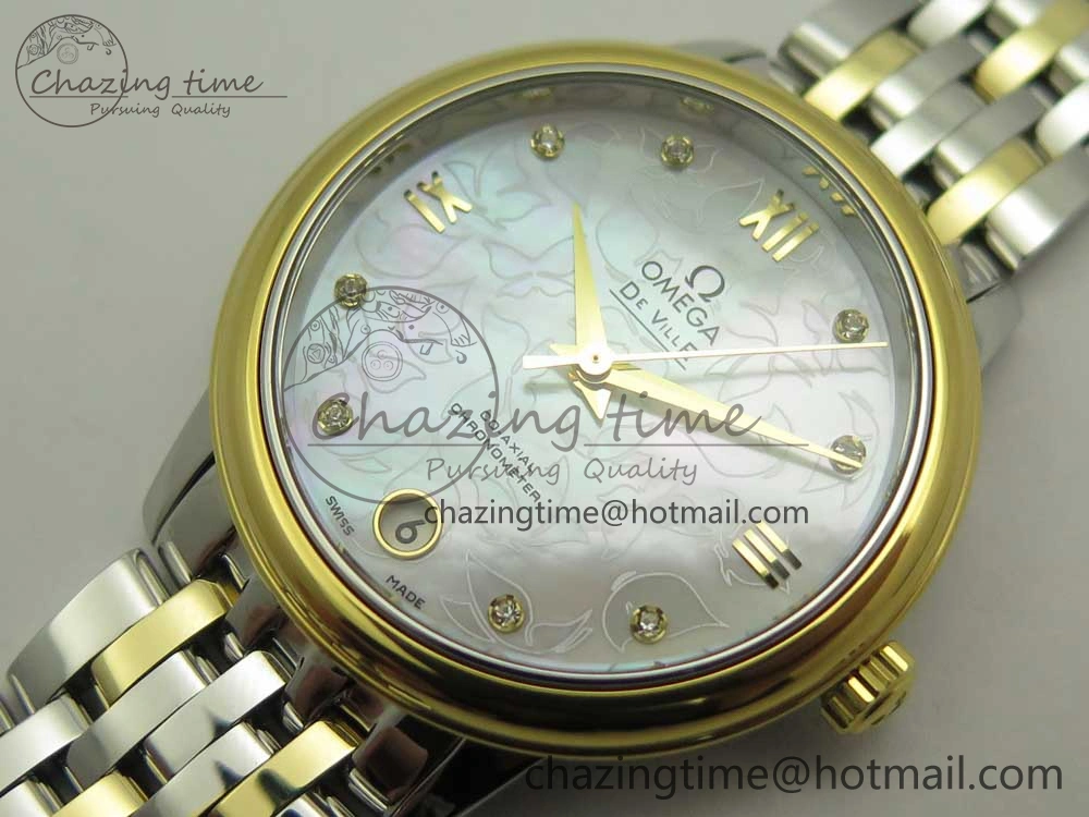 De Ville Prestige Ladies 32.7mm SS MKF 1:1 Best Edition White MOP Dial Roman Markers on SS YG Bracelet MIYOTA 9015