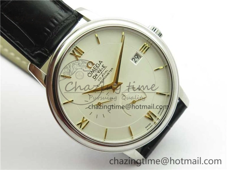 De Ville Prestige Real PR SS ZF 1:1  Best Edition White Dial YG Markers Black Leather Strap MIYOTA 9015