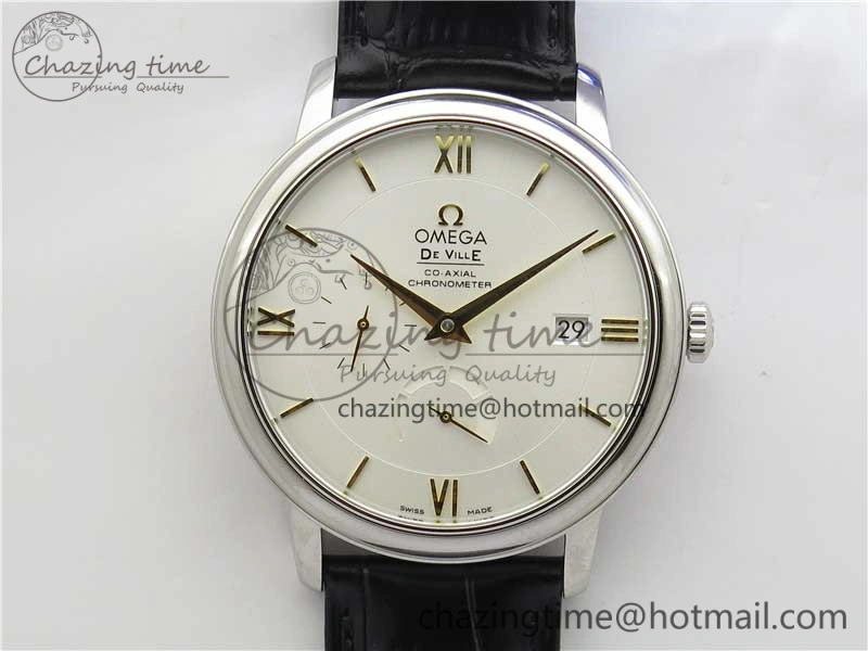 De Ville Prestige Real PR SS ZF 1:1  Best Edition White Dial YG Markers Black Leather Strap MIYOTA 9015