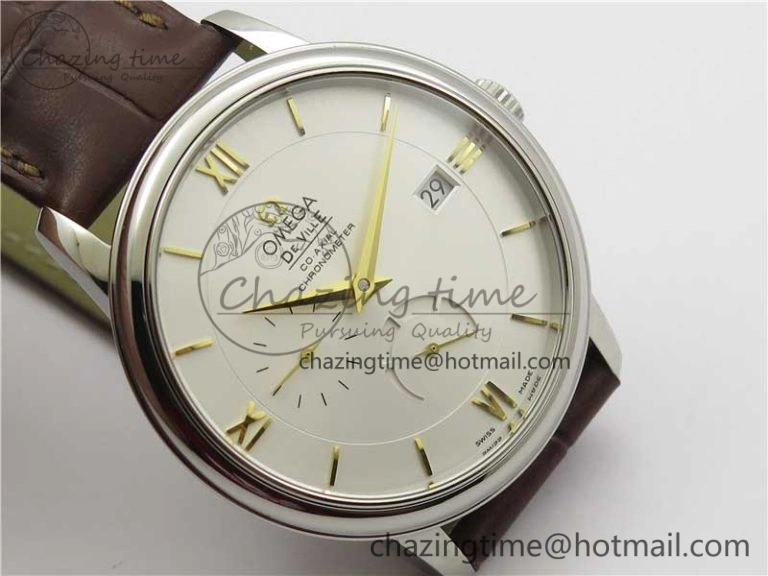De Ville Prestige Real PR SS ZF 1:1  Best Edition White Dial YG Markers Brown Leather Strap MIYOTA 9015