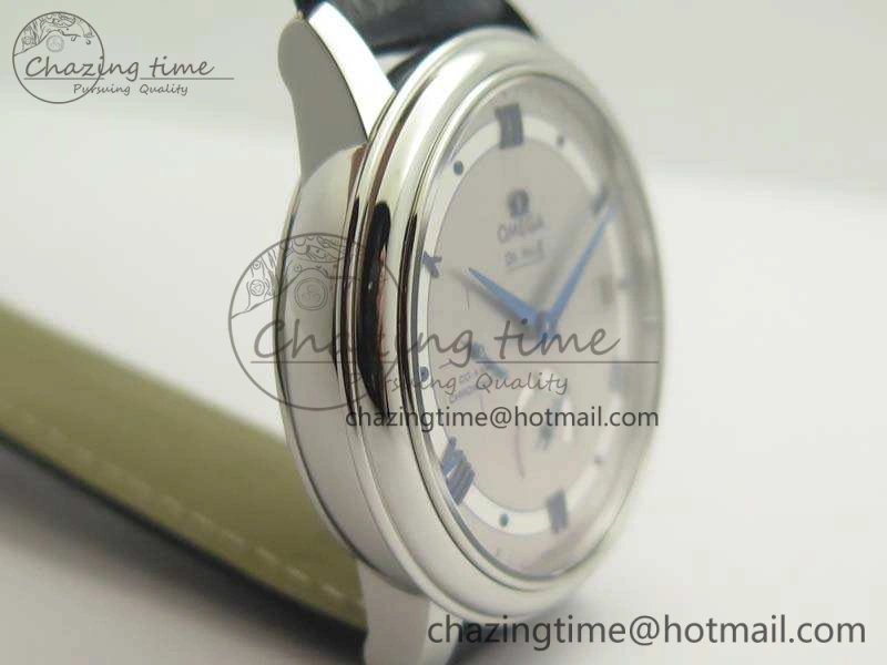 De Ville Prestige Real Power Reserve SS TW 1:1 Best Edition Silver Dial Blue Markers On Leather Strap A2824