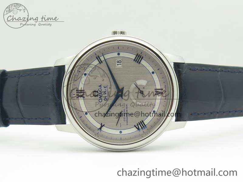 De Ville Prestige Real Power Reserve SS TW 1:1 Best Edition Silver Dial Blue Markers On Leather Strap A2824