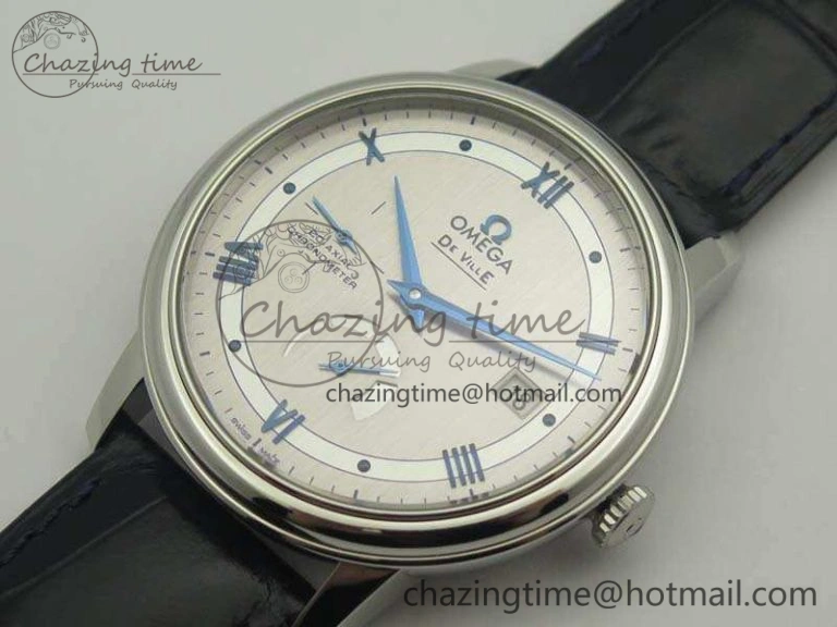 De Ville Prestige Real Power Reserve SS TW 1:1 Best Edition Silver Dial Blue Markers On Leather Strap A2824