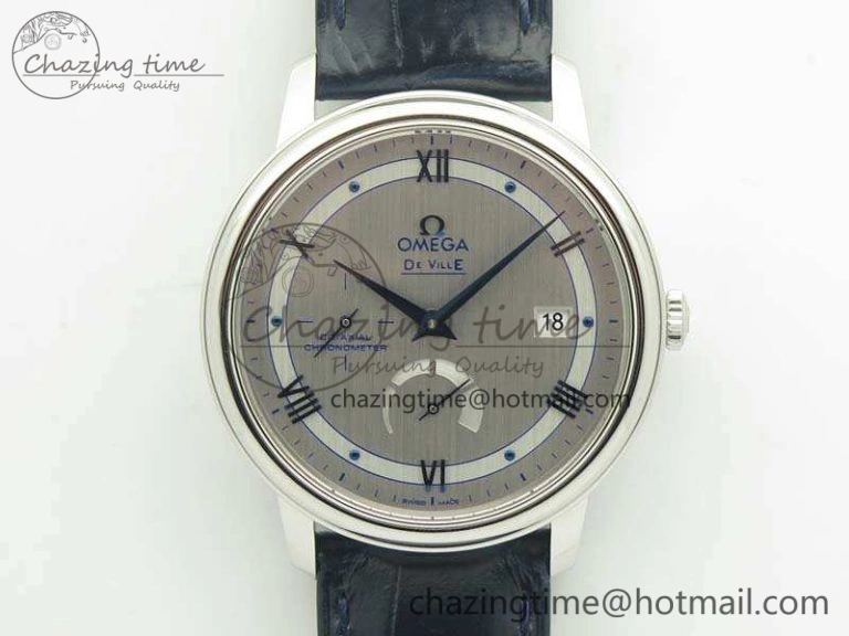 De Ville Prestige Real Power Reserve SS TW 1:1 Best Edition Silver Dial Blue Markers On Leather Strap A2824