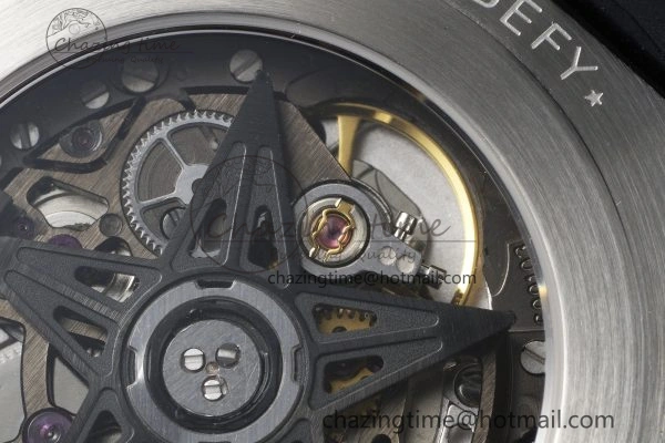 Defy Classic LF 1:1 Best Edition Skeleton Black Dial RG Bezel on Brown Gummy Strap A2892