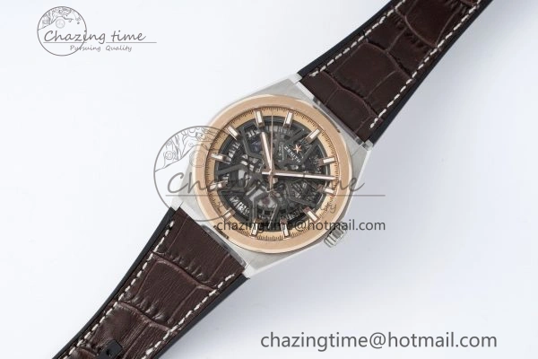 Defy Classic LF 1:1 Best Edition Skeleton Black Dial RG Bezel on Brown Gummy Strap A2892