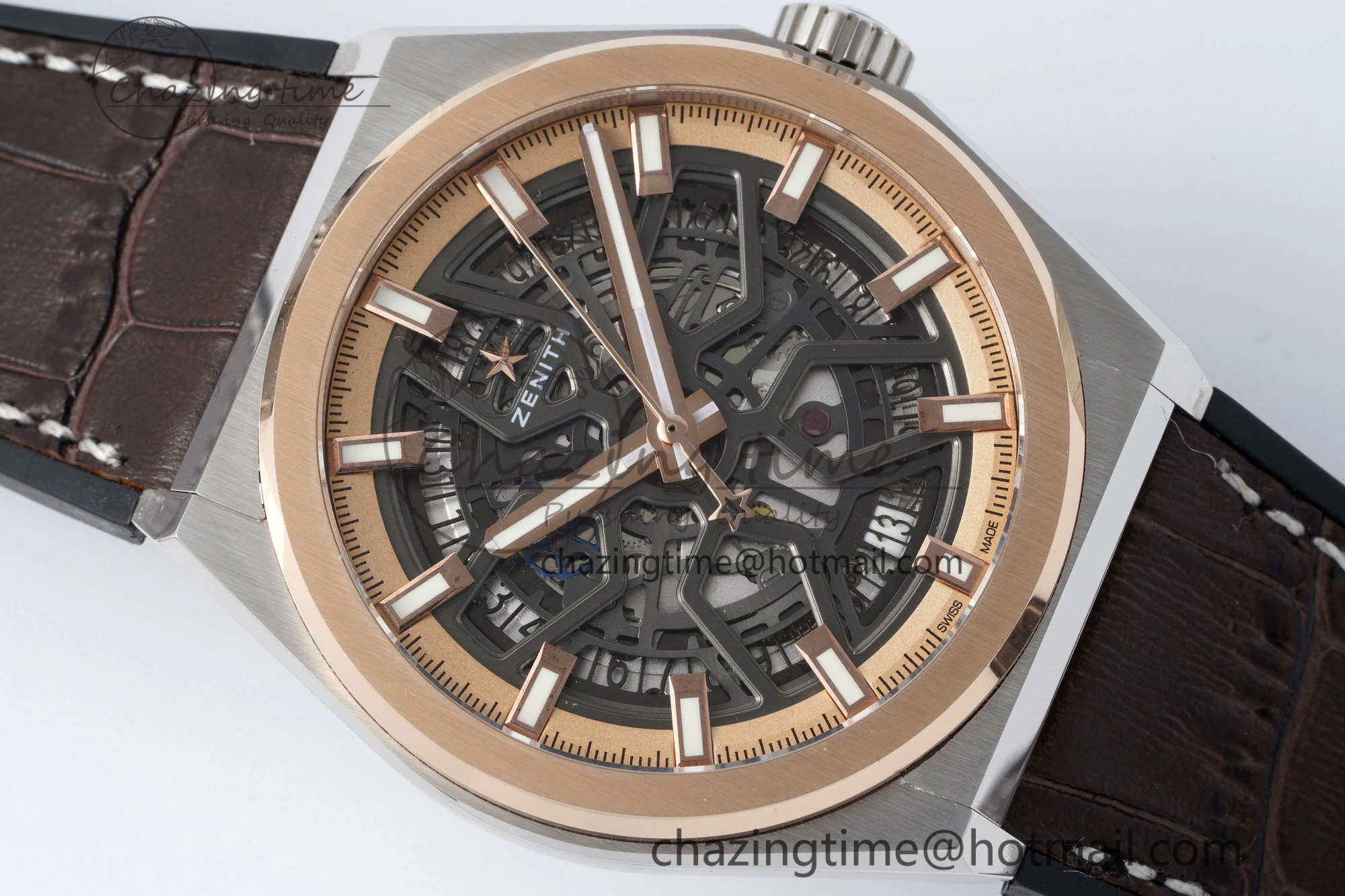 Defy Classic LF 1:1 Best Edition Skeleton Black Dial RG Bezel on Brown Gummy Strap A2892