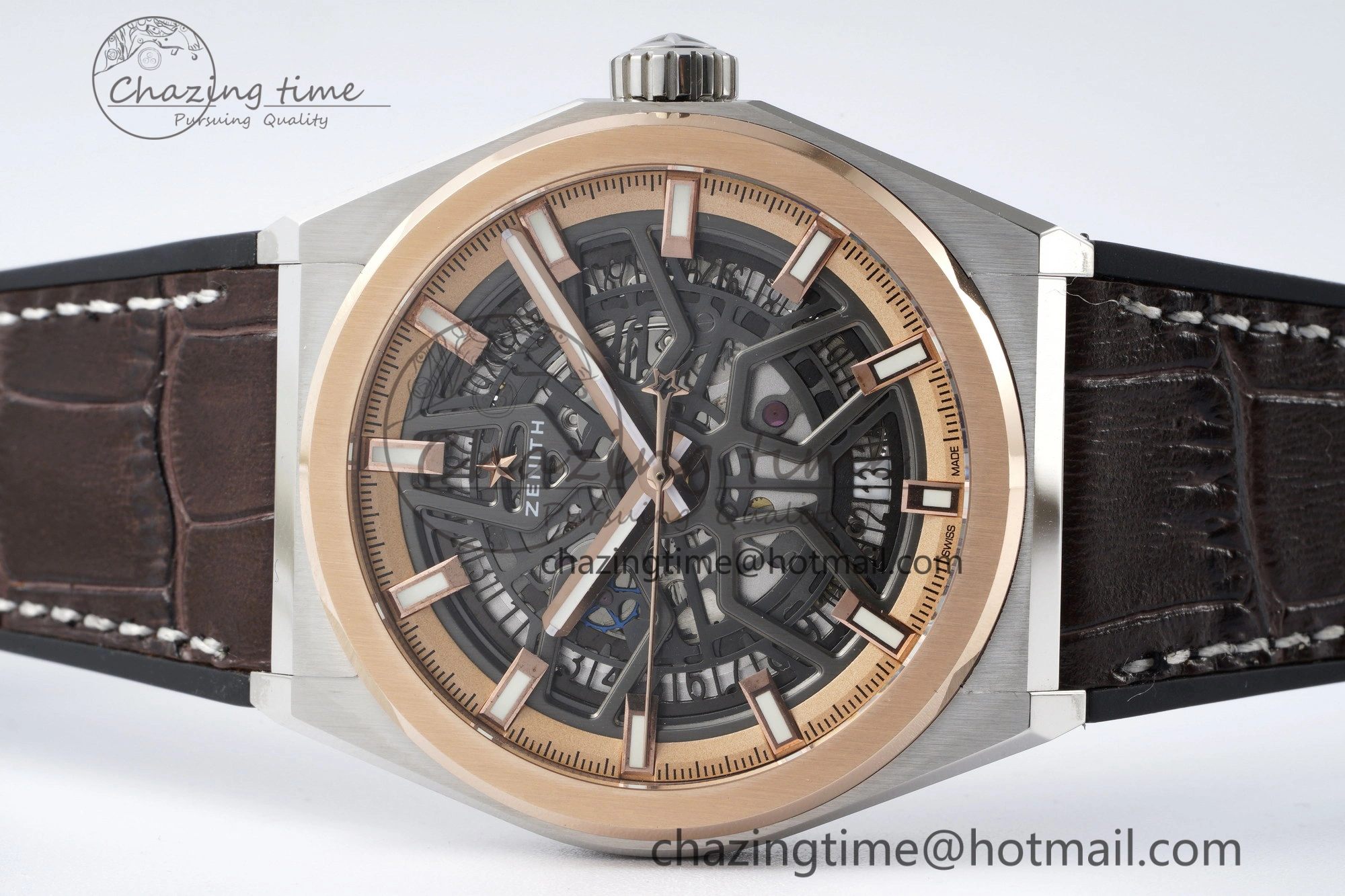 Defy Classic LF 1:1 Best Edition Skeleton Black Dial RG Bezel on Brown Gummy Strap A2892