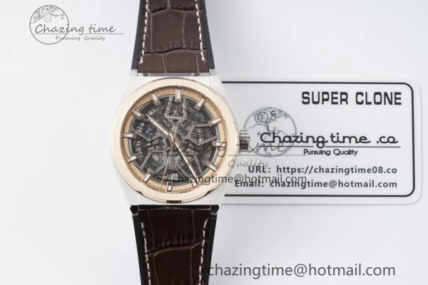 Defy Classic LF 1:1 Best Edition Skeleton Black Dial RG Bezel on Brown Gummy Strap A2892
