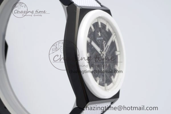 Defy Classic LF 1:1 Best Edition Skeleton Black Dial White Bezel on White Gummy Strap A2892