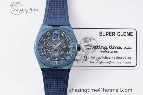Defy Classic LF 1:1 Best Edition Skeleton Blue Dial Blue Bezel on Blue Rubber Strap A2892