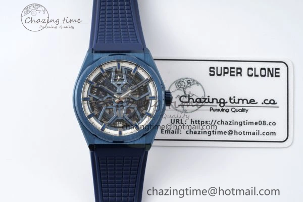 Defy Classic LF 1:1 Best Edition Skeleton Blue White Dial Blue Bezel on Blue rubber Strap A2892