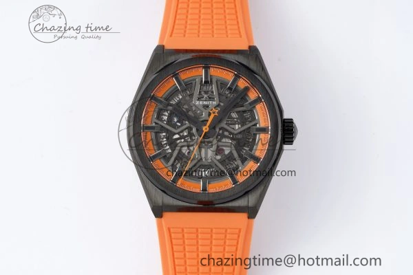 Defy Classic LF 1:1 Best Edition Skeleton Orange Dial Black Bezel on Orange Rubber Strap A2892