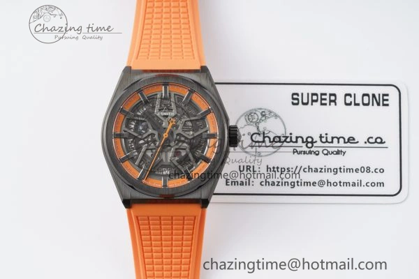 Defy Classic LF 1:1 Best Edition Skeleton Orange Dial Black Bezel on Orange Rubber Strap A2892