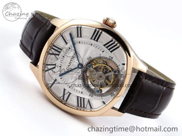 Drive De Cartier Flying Tourbillon RG RMS Best Edition White Dial on Brown Leather Strap