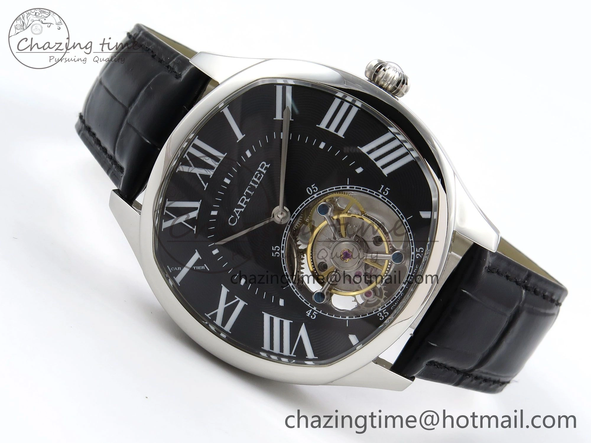 Drive De Cartier Flying Tourbillon SS RMS Best Edition Black Dial on Black Leather Strap