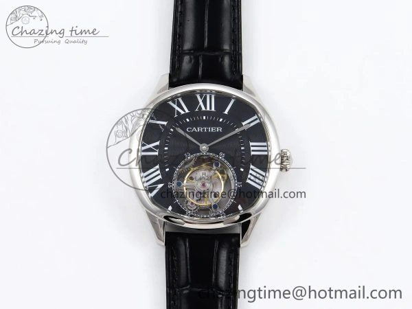 Drive De Cartier Flying Tourbillon SS RMS Best Edition Black Dial on Black Leather Strap