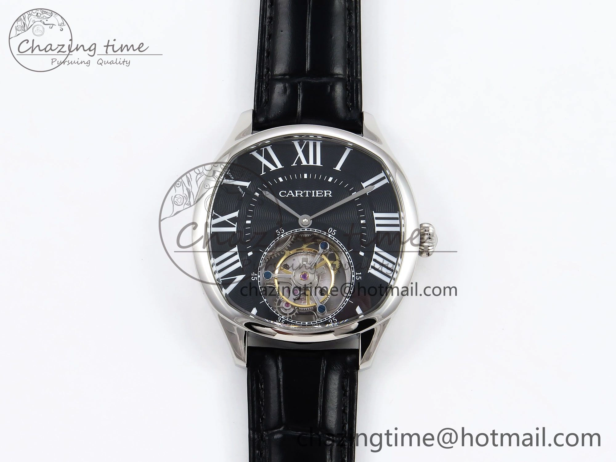 Drive De Cartier Flying Tourbillon SS RMS Best Edition Black Dial on Black Leather Strap