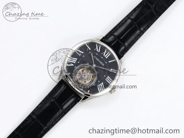 Drive De Cartier Flying Tourbillon SS RMS Best Edition Black Dial on Black Leather Strap