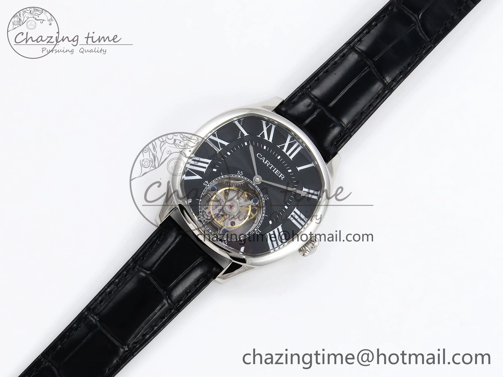 Drive De Cartier Flying Tourbillon SS RMS Best Edition Black Dial on Black Leather Strap
