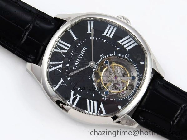 Drive De Cartier Flying Tourbillon SS RMS Best Edition Black Dial on Black Leather Strap
