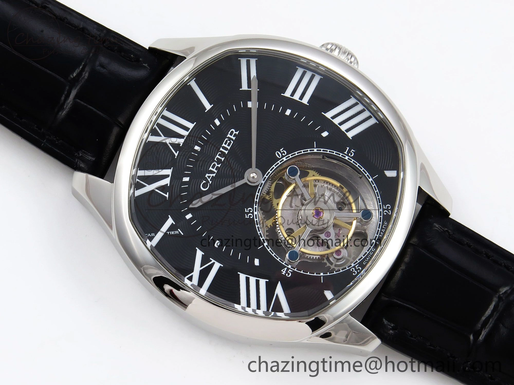 Drive De Cartier Flying Tourbillon SS RMS Best Edition Black Dial on Black Leather Strap