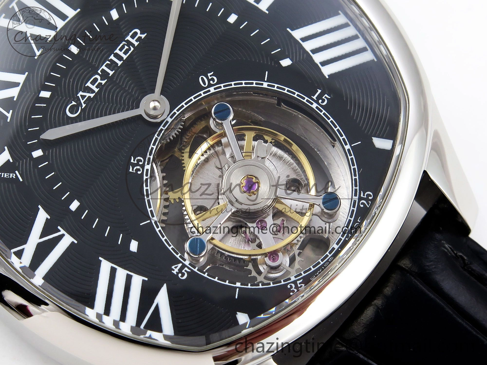 Drive De Cartier Flying Tourbillon SS RMS Best Edition Black Dial on Black Leather Strap