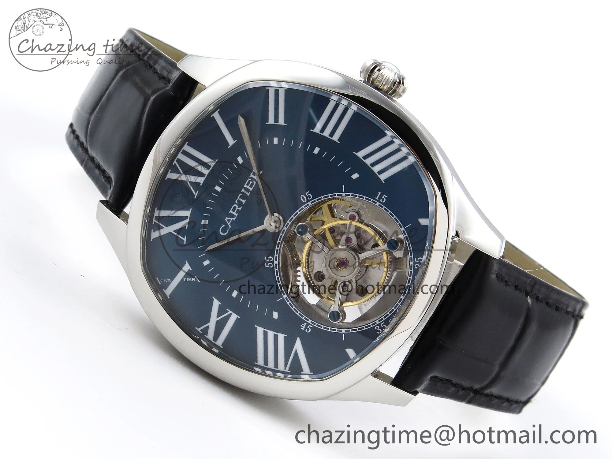 Drive De Cartier Flying Tourbillon SS RMS Best Edition Blue Dial on Black Leather Strap
