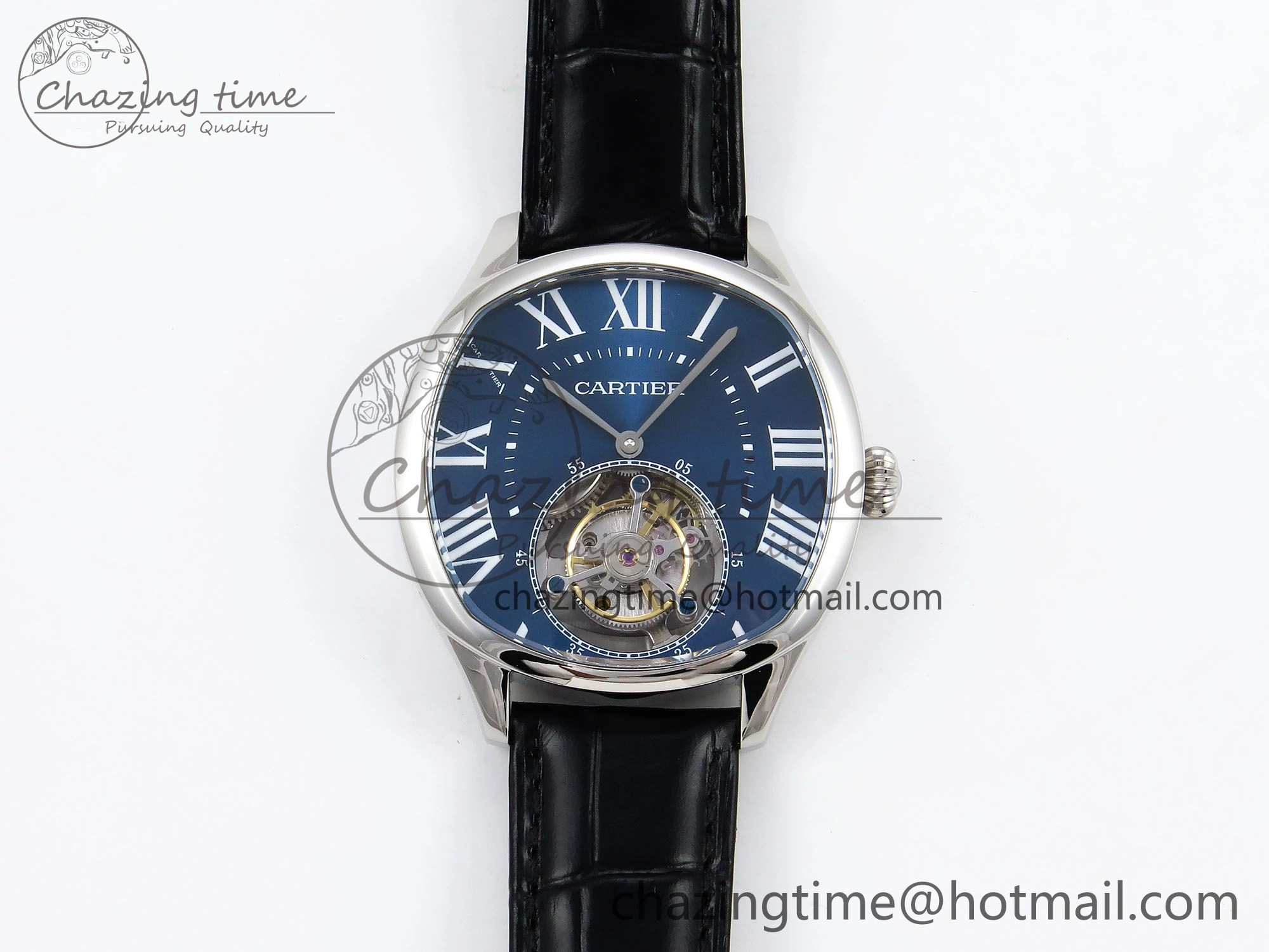 Drive De Cartier Flying Tourbillon SS RMS Best Edition Blue Dial on Black Leather Strap