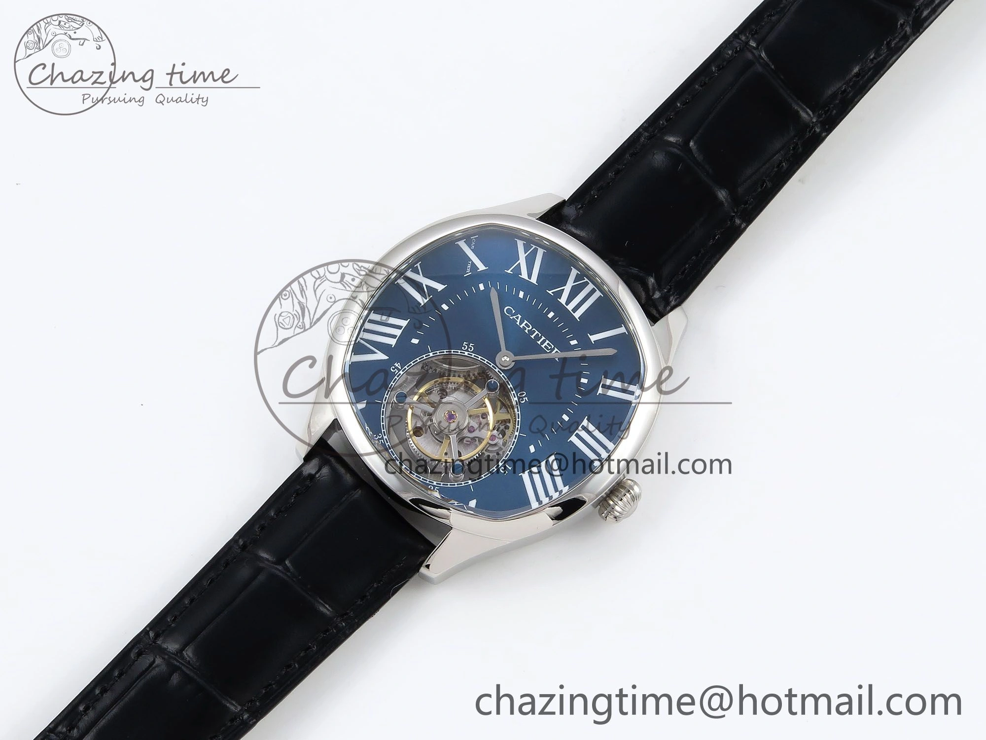 Drive De Cartier Flying Tourbillon SS RMS Best Edition Blue Dial on Black Leather Strap