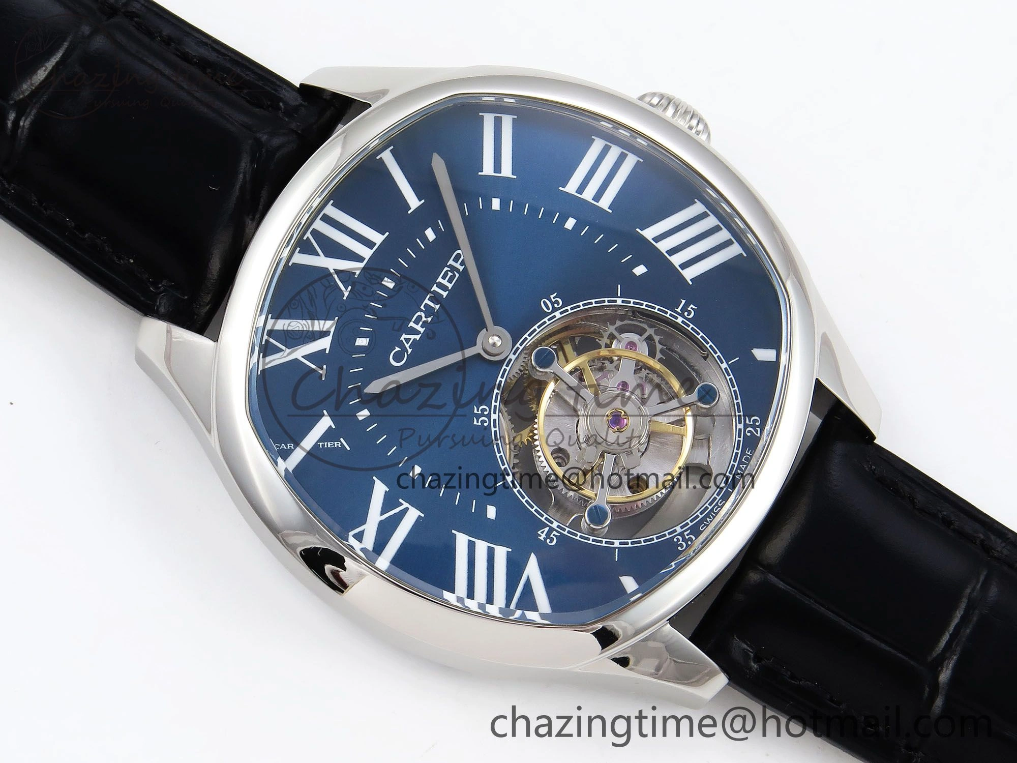 Drive De Cartier Flying Tourbillon SS RMS Best Edition Blue Dial on Black Leather Strap
