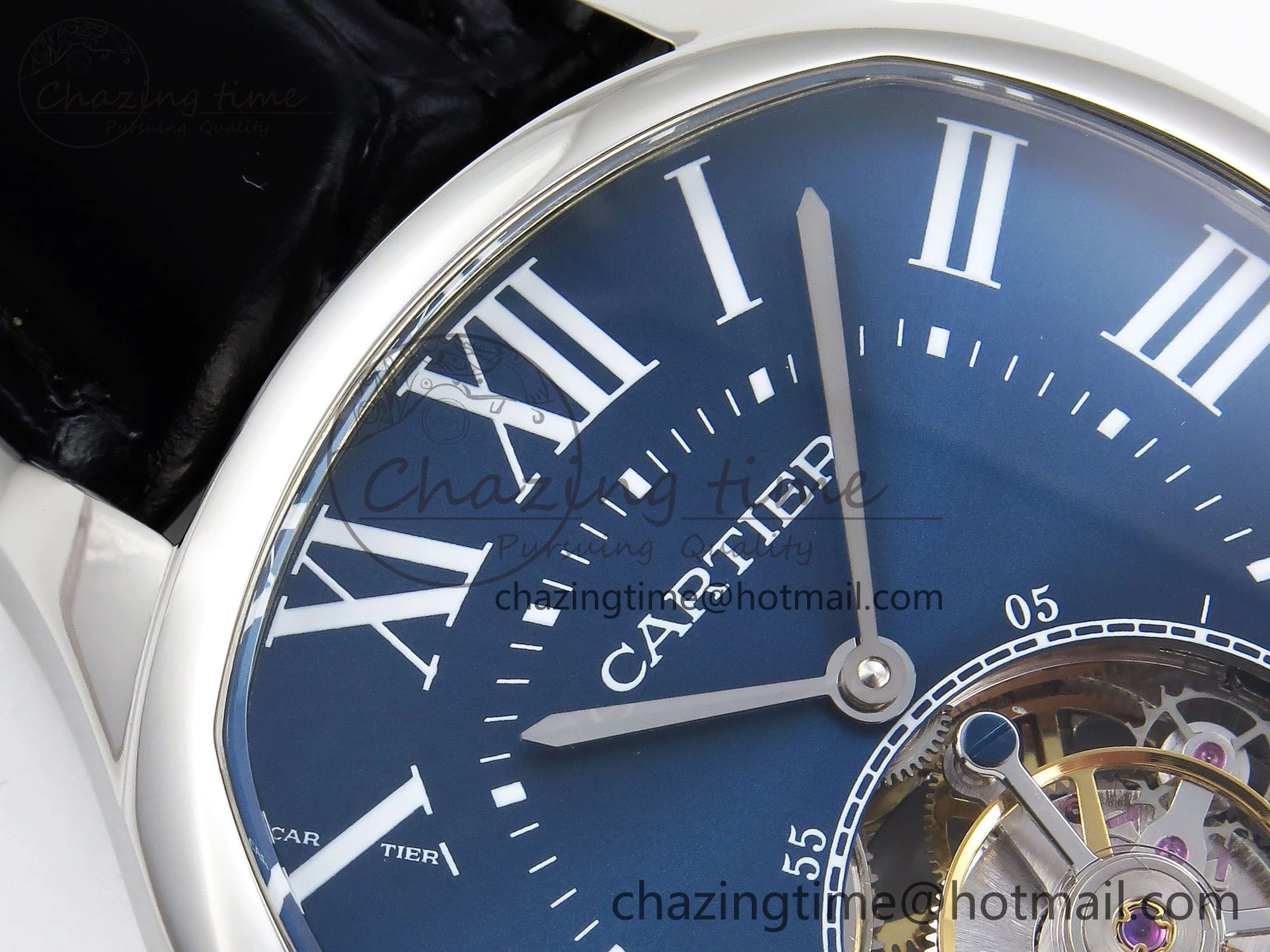 Drive De Cartier Flying Tourbillon SS RMS Best Edition Blue Dial on Black Leather Strap