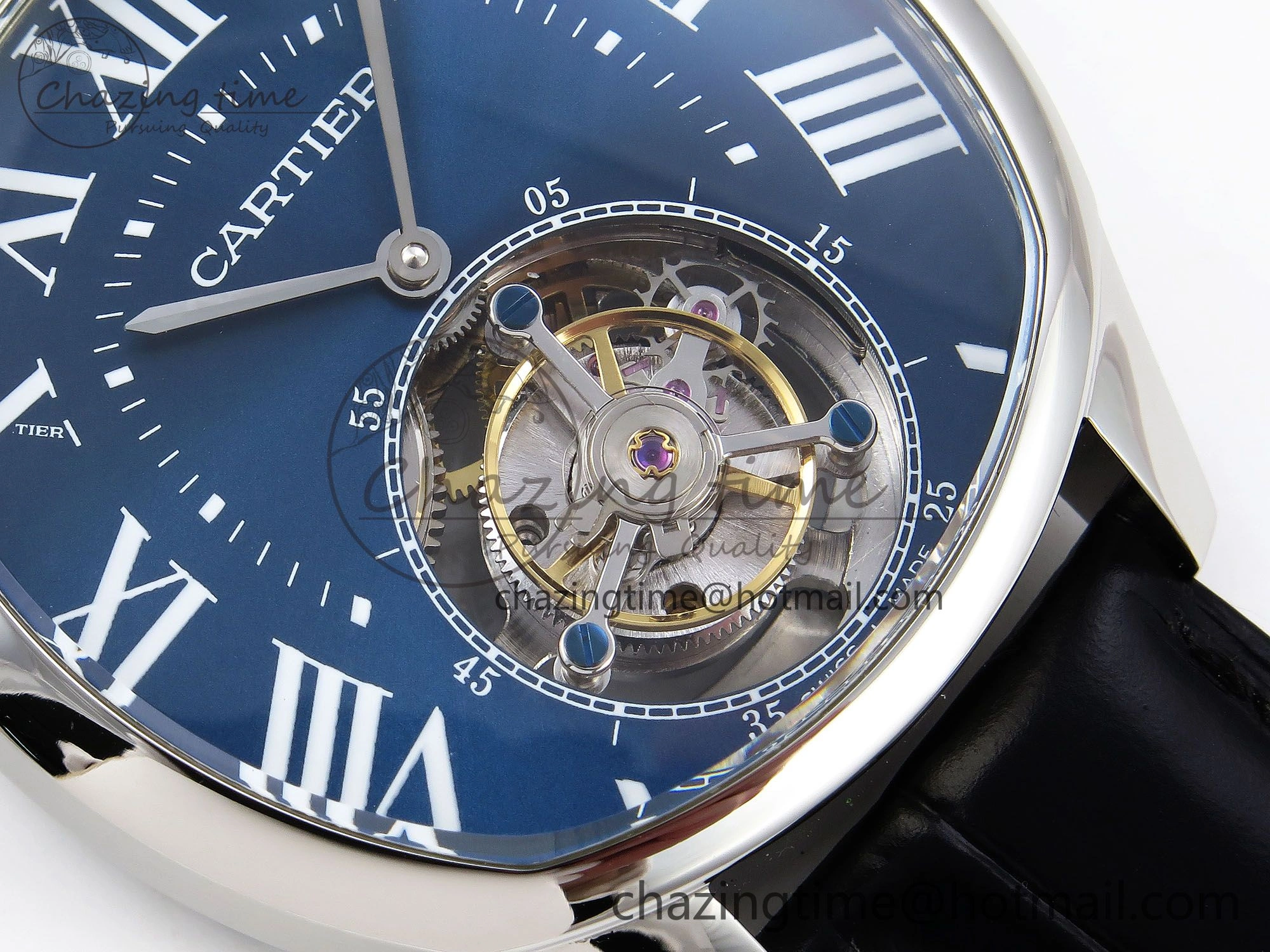 Drive De Cartier Flying Tourbillon SS RMS Best Edition Blue Dial on Black Leather Strap