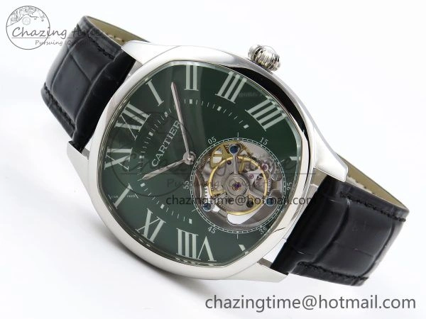 Drive De Cartier Flying Tourbillon SS RMS Best Edition Green Dial on Black Leather Strap