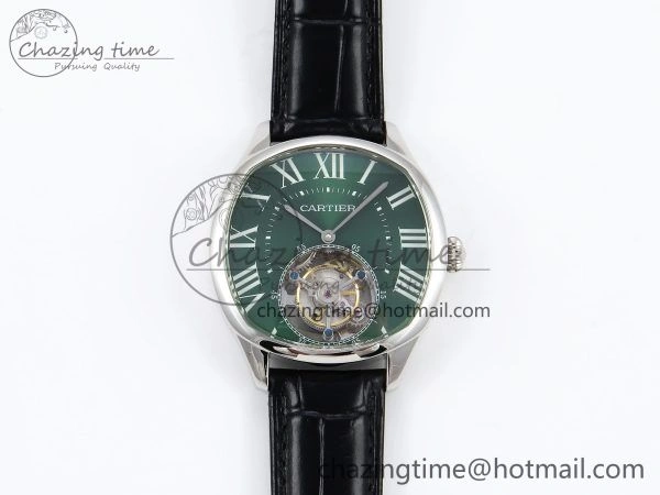 Drive De Cartier Flying Tourbillon SS RMS Best Edition Green Dial on Black Leather Strap