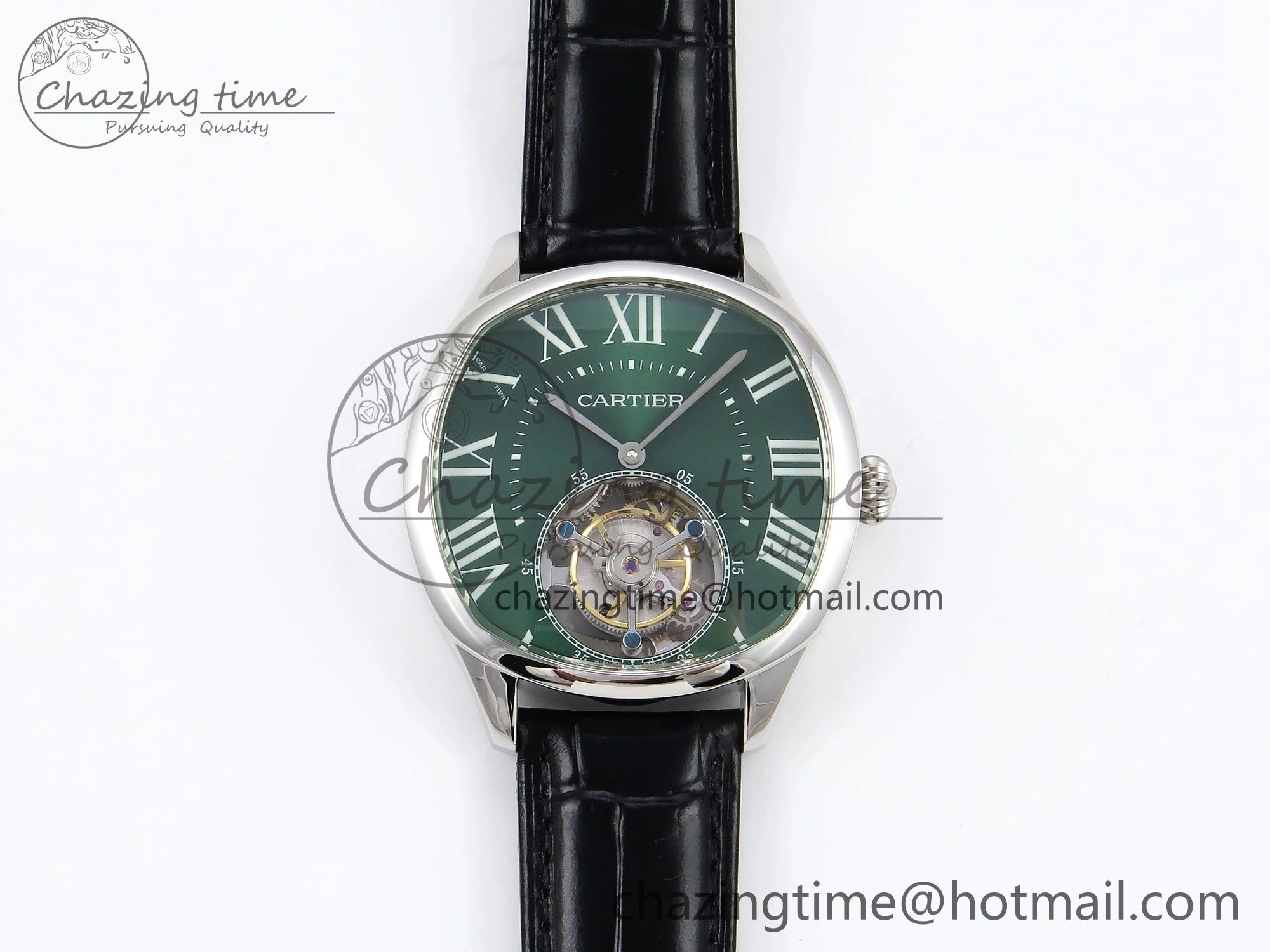 Drive De Cartier Flying Tourbillon SS RMS Best Edition Green Dial on Black Leather Strap