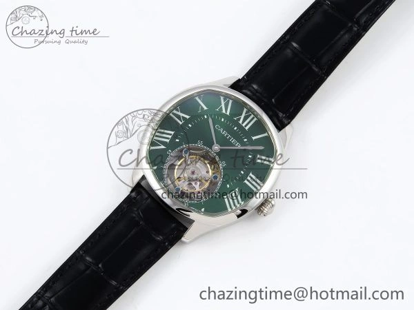 Drive De Cartier Flying Tourbillon SS RMS Best Edition Green Dial on Black Leather Strap
