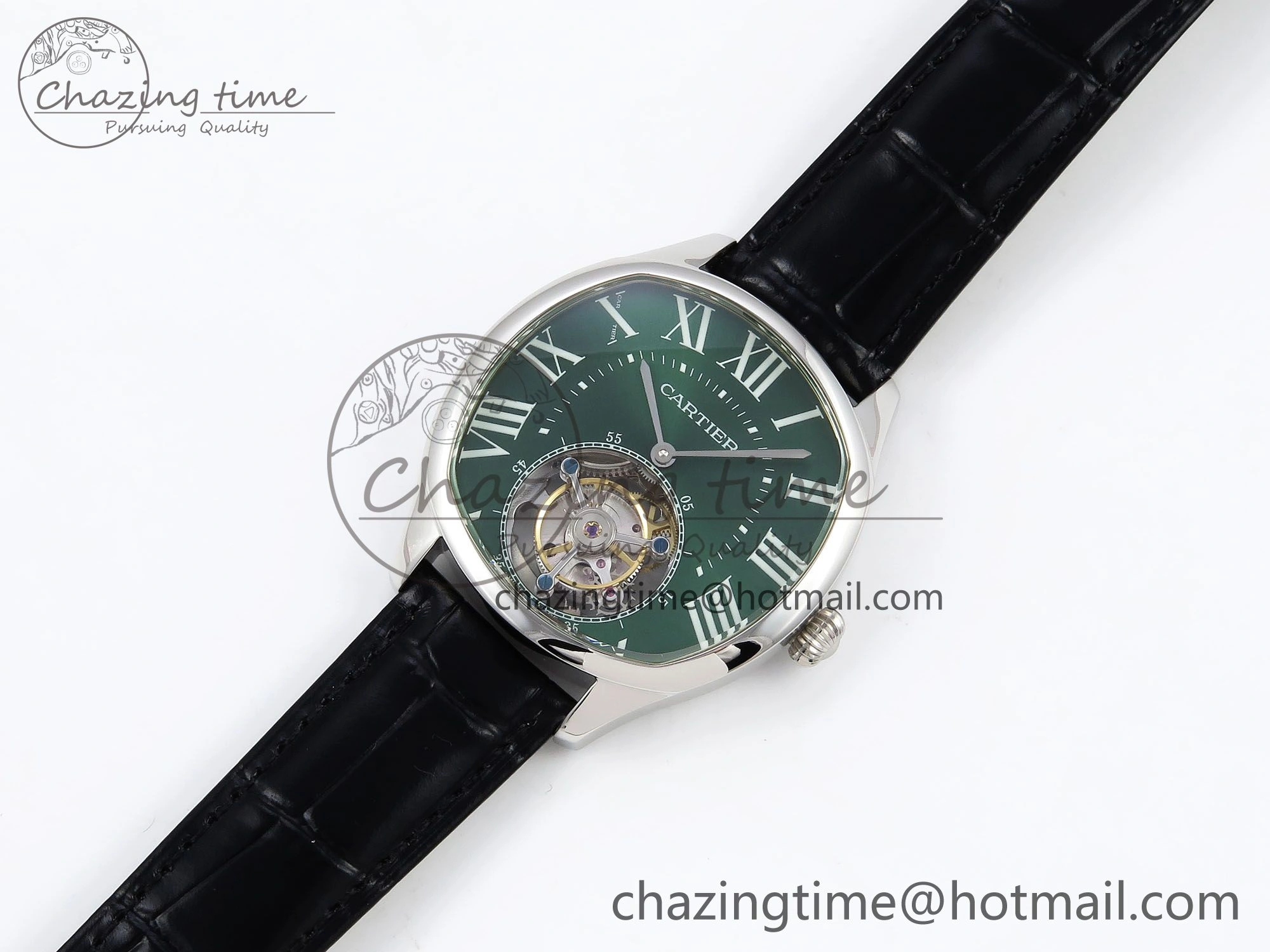 Drive De Cartier Flying Tourbillon SS RMS Best Edition Green Dial on Black Leather Strap