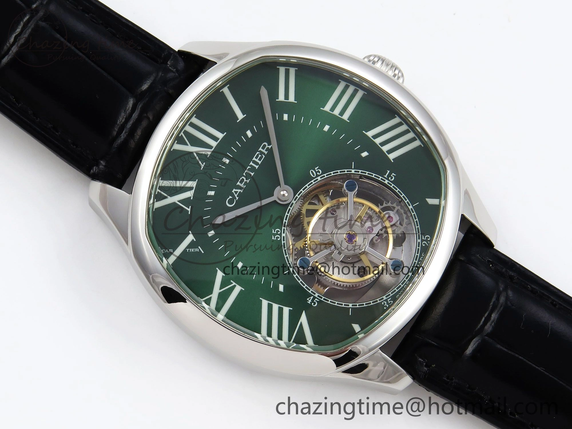 Drive De Cartier Flying Tourbillon SS RMS Best Edition Green Dial on Black Leather Strap