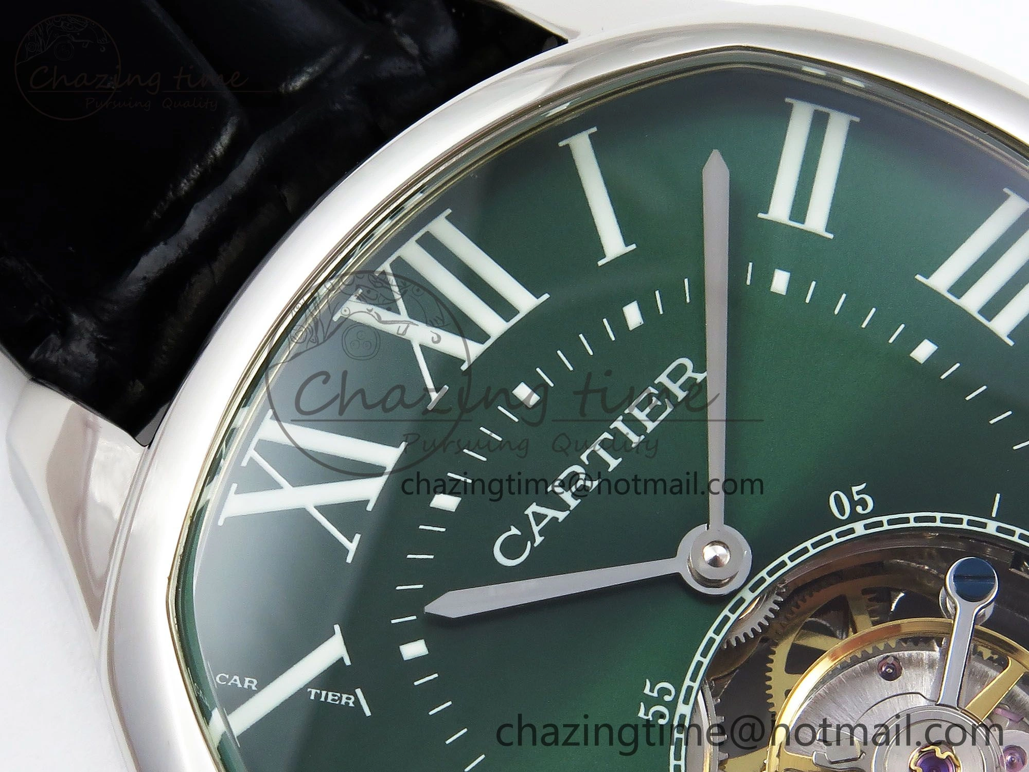 Drive De Cartier Flying Tourbillon SS RMS Best Edition Green Dial on Black Leather Strap
