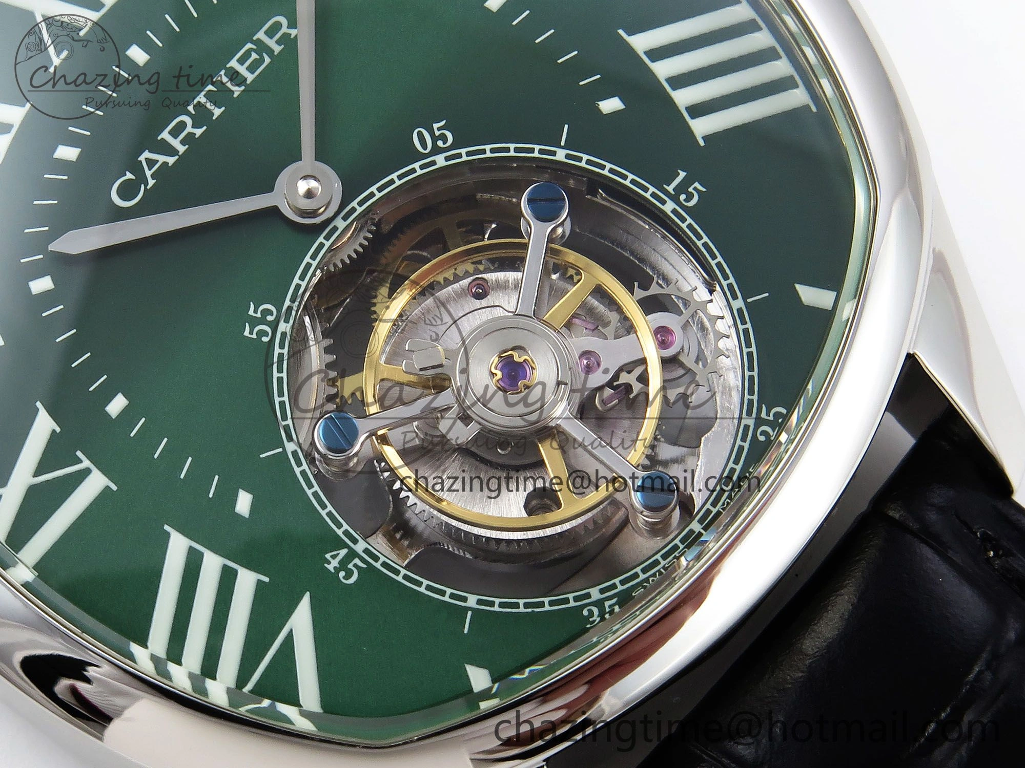 Drive De Cartier Flying Tourbillon SS RMS Best Edition Green Dial on Black Leather Strap