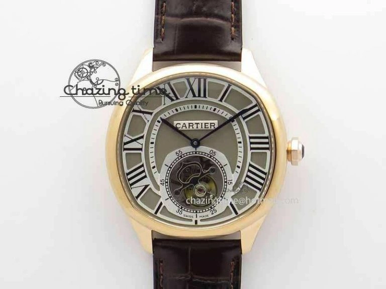Drive De Cartier Tourbillon SS RG Best Edition Gray Textured Dial On Brown Leather Strap
