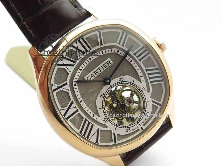 Drive De Cartier Tourbillon SS RG Best Edition Gray Textured Dial On Brown Leather Strap