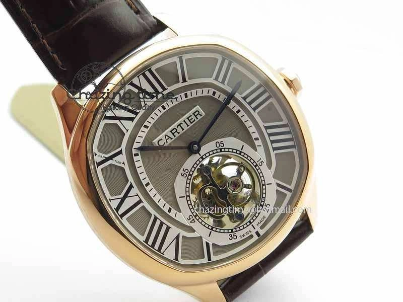 Drive De Cartier Tourbillon SS RG Best Edition Gray Textured Dial On Brown Leather Strap