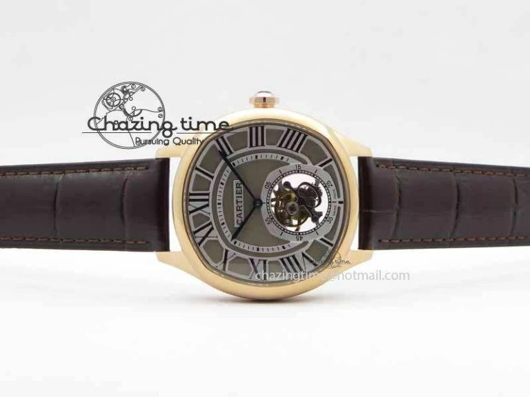 Drive De Cartier Tourbillon SS RG Best Edition Gray Textured Dial On Brown Leather Strap