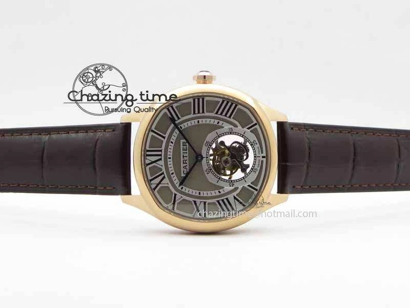 Drive De Cartier Tourbillon SS RG Best Edition Gray Textured Dial On Brown Leather Strap