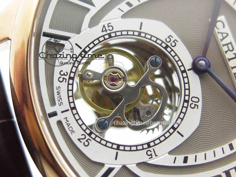 Drive De Cartier Tourbillon SS RG Best Edition Gray Textured Dial On Brown Leather Strap