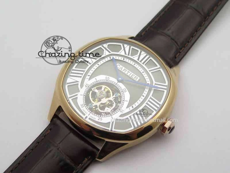 Drive De Cartier Tourbillon SS RG Best Edition Gray Textured Dial On Brown Leather Strap